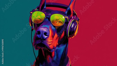 Neon Pop Art Doberman Dog DJ with Headphones and Sunglasses