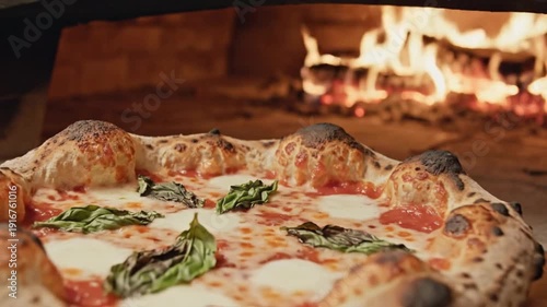 Wood-fired pizza bakes in a stone oven with flames and smoke in the background showing the cooking process in a kitchen