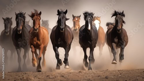 Wild Horses Galloping in Dust Herd Running Action Shot