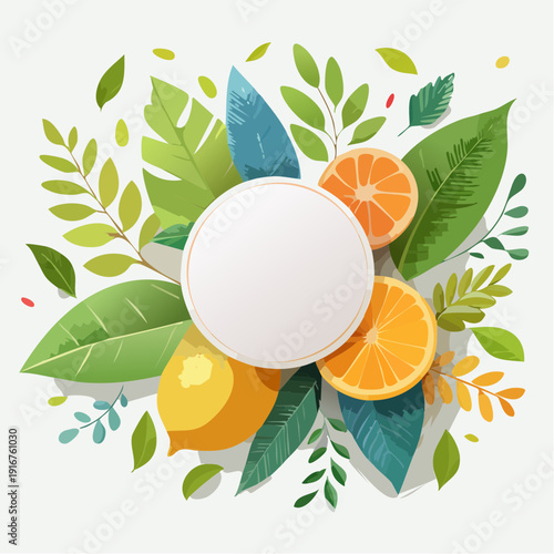 Vibrant citrus fruits surrounded by lush green leaves on a clean white background.