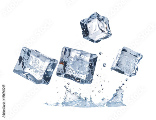 Group of falling and floating ice cubes with water drops vector.
