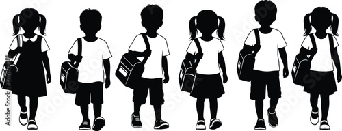 School children silhouettes walking with backpacks, black vector illustration of students isolated on white background