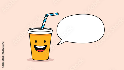 Smiling cartoon soft drink cup with a striped straw cheerfully sits next to an empty speech bubble, ready for a personalized message.