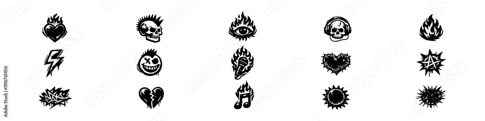 Naklejka premium Set of punk rock and grunge style icons featuring skulls, flaming hearts, anarchy symbols, and graffiti elements in a distressed, urban aesthetic.