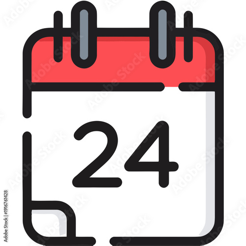 Red and White Calendar with Number 24 Vector Illustration in Flat Line Art Style for Business Scheduling, Event Planning, and Deadline Management Icon