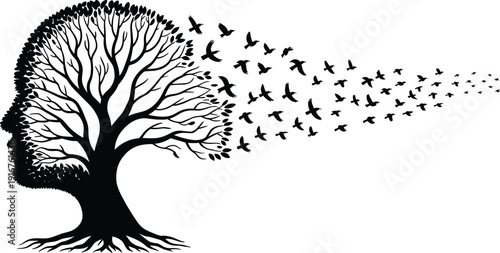 Abstract silhouette human face tree birds flying transformation imagination nature freedom psychology artistic conceptual illustration