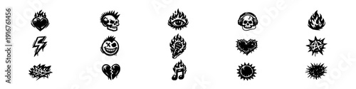 Set of punk rock and grunge style icons featuring skulls, flaming hearts, anarchy symbols, and graffiti elements in a distressed, urban aesthetic.
