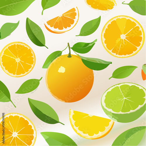 Vibrant citrus fruits and green leaves on a white background.