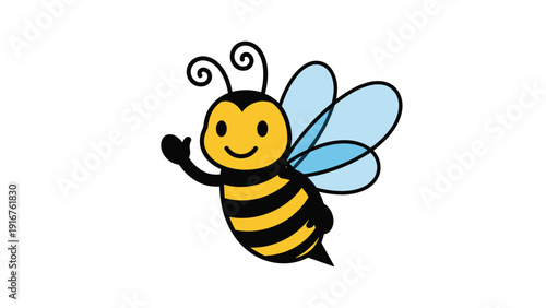 Cute, smiling cartoon bee with expressive antennae and translucent blue wings, cheerfully waving its hand, symbolizing friendliness and happiness.
