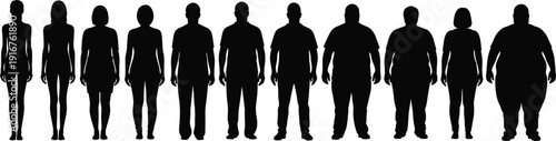 Black silhouettes of people with different body types from thin to obese, weight loss and gain progression, isolated on white.