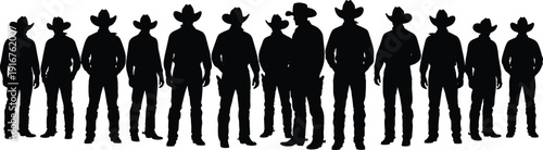 Black Silhouette Collection of Cowboys and Ranchers Wearing Traditional Western Hats Standing