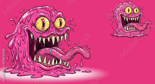 Pink cartoon monster with drooling tongue and sharp teeth