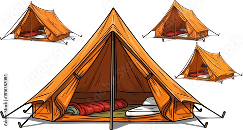 Orange canvas camping tent with sleeping bag and pillow inside