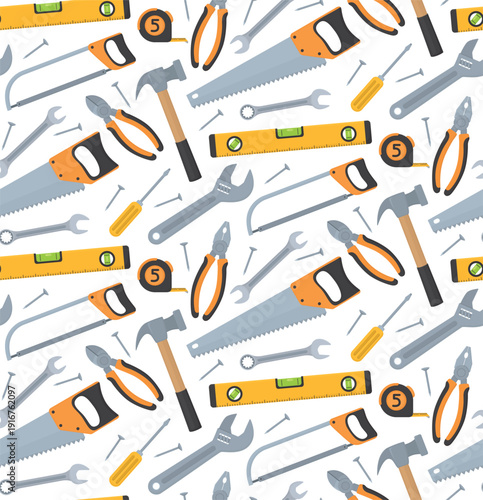 Seamless pattern of carpentry hand tools. Background with saw, pliers, hammer, spirit level, tape measure, screwdriver and nails.