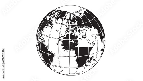 Global globe icon with grid lines and continents in black and white design.