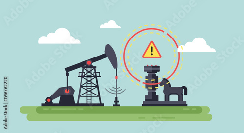 Oil Well and Pumpjack Illustration with Warning Sign.