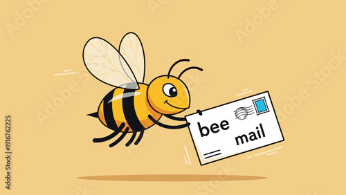 Cheerful cartoon bee gracefully flies while carrying a white envelope labeled 'bee mail' with a postage stamp, symbolizing efficient and sweet delivery.