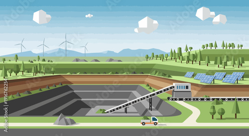 OpenPit Mining Operation with Conveyor Belt and Renewable Energy Integration.