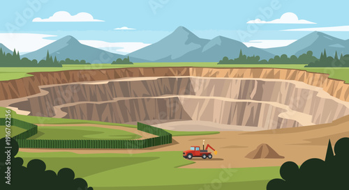 OpenPit Mine Landscape with Vehicle and Mountain Backdrop.