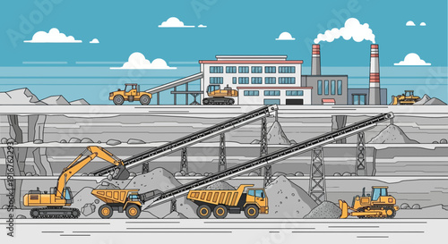 OpenPit Mining Operation with Heavy Machinery and Industrial Plant.