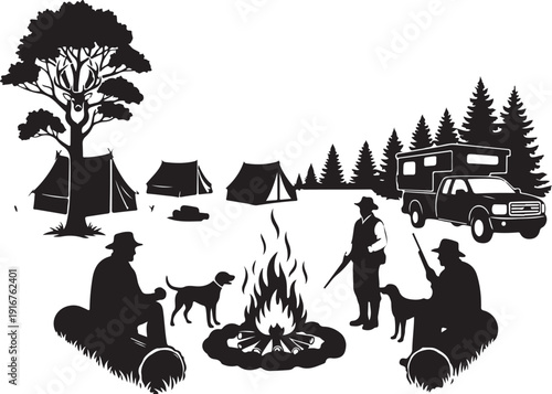 Camping scene with people and animals gathered around a campfire in the forest