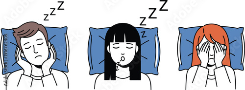 Sleeping people with insomnia and sleep problems, tired men and women cartoon vector illustration isolated background