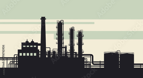 Silhouette of an Industrial Plant with Chimneys and Tanks.