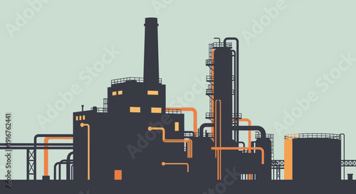 Silhouette of an Industrial Plant with Pipes and Chimneys.