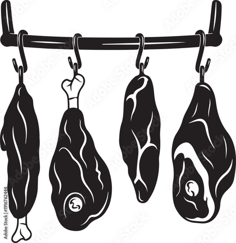 Four pieces of meat hanging from a metal bar with hooks