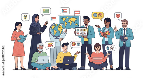 Diverse team collaborating on global project with laptops and books