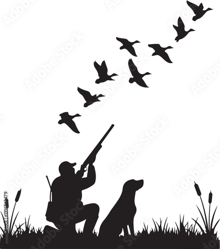 Hunter and dog hunting ducks in a marshy landscape with cattails and grass