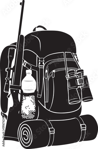 Hiking equipment and accessories including backpack rifle binoculars and rolledup sleeping mat