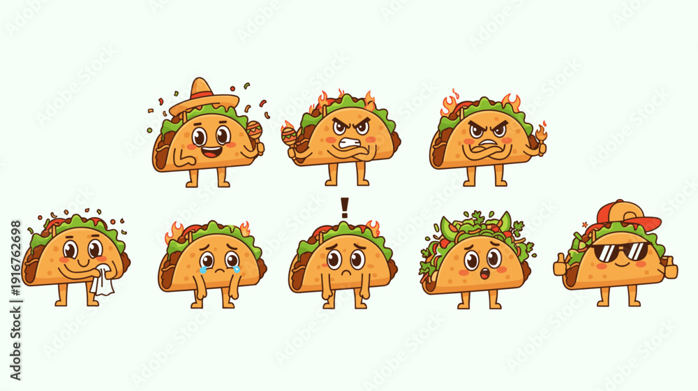 Obraz premium Taco mascot character set with funny spicy expressions for food design