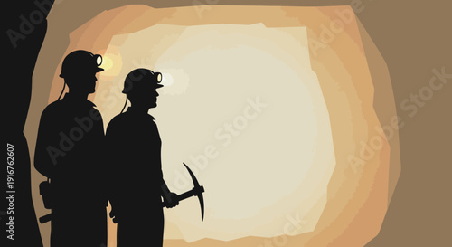 Silhouette of Miners Exploring a Cave with Pickaxe.