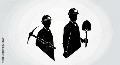 Silhouette of Miners with Pickaxe and Shovel Industry and Labor.
