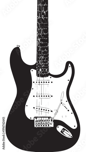 Black and white electric guitar with stage-ready silhouette and multiple pickups.