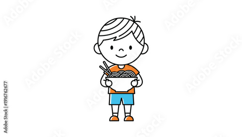 Simple stick figure illustration of a smiling boy happily holding a bowl of noodles with chopsticks, depicting a wholesome meal.