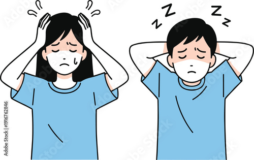 Tired sick children wearing medical face masks, headache and sleep symptoms cartoon vector illustration isolated backgroundTired sick children wearing medical face masks