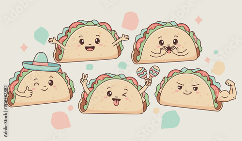 Kawaii taco character set with funny mexican food mascots for stickers