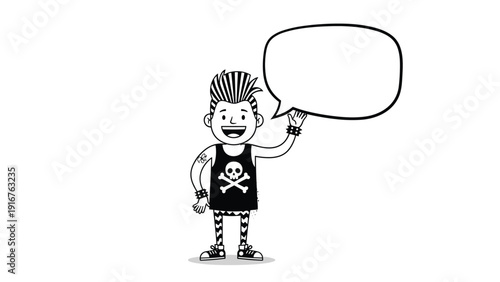 Black and white line art illustration of a punk rock boy with a mohawk and skull t-shirt, gesturing towards an empty speech bubble, ready for a bold message.