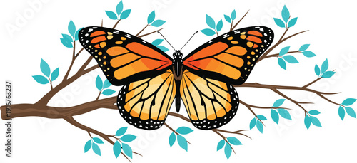 Two Orange and Black Butterflies Resting on a Branch with Green Leaves