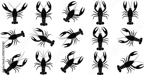 Black, lobster, silhouettes, collection, isolated, white, background, seafood, crustacean, shellfish, set, icons, vector, minimal, flat, design, marine, animal, graphic, bundle