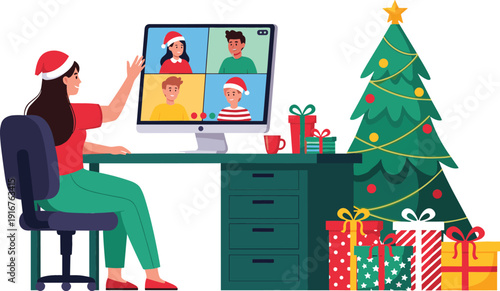 Woman in Santa hat having Christmas video conference call with friends or family on computer from home