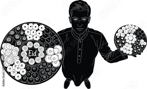 eid sweets serving platter traditional dessert islamic celebration food hospitality mithai silhouette ramadan feast vector illustration background