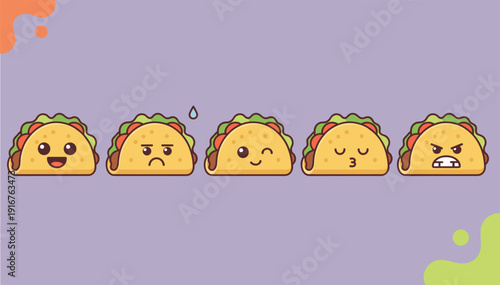 Kawaii taco emoji expression set with different faces for sticker design