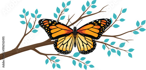 Orange and black butterfly resting on a tree branch with green leaves