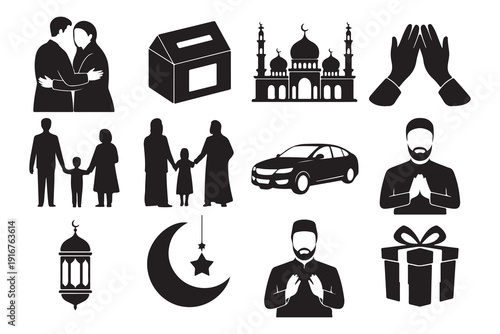 Eid mubarak celebration icons including family gathering prayer mosque car gift box and crescent moon sign