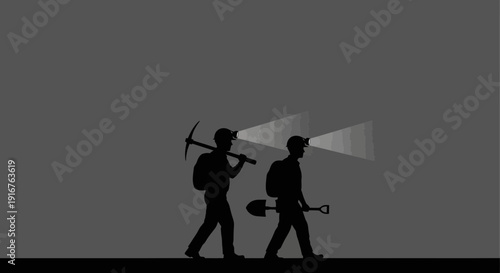 Silhouette of Miners with Tools and Headlamps in a Dark Mine.