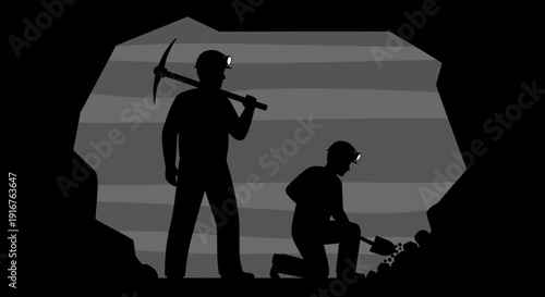 Silhouette of Miners Working in a Dark Underground Mine.