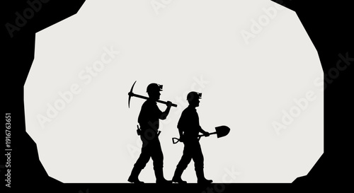 Silhouette of Miners Working in a Mine with Pickaxe and Shovel.